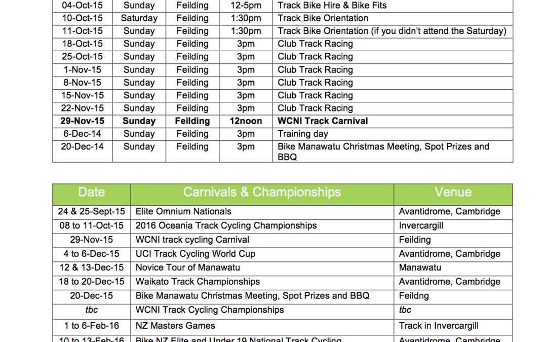 Track programme until Xmas 2015