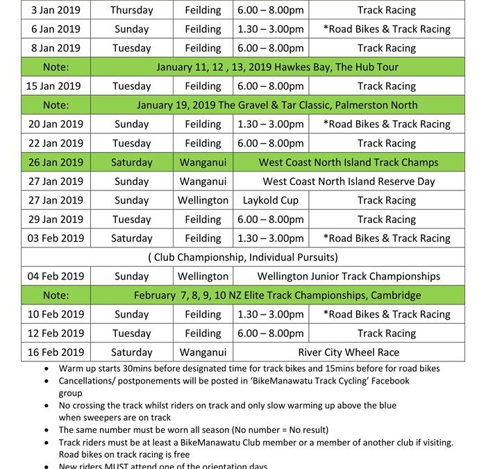 Bike Manawatu Track Programme 2019