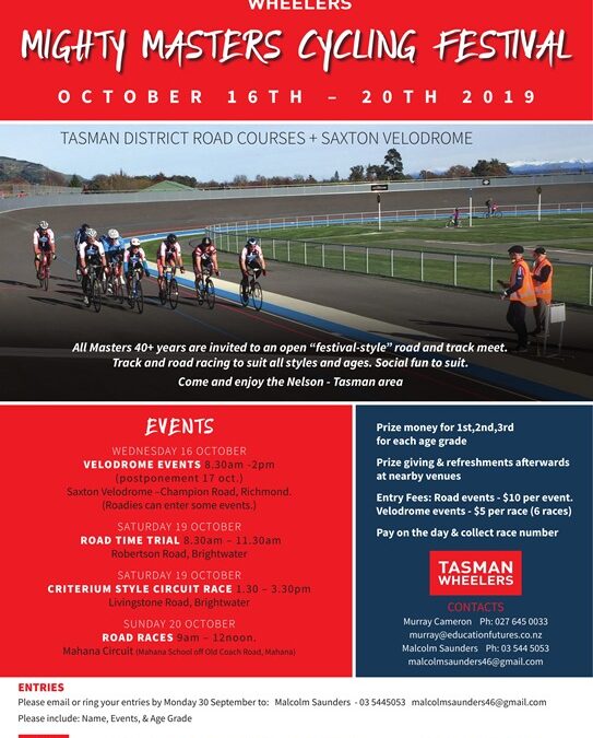 Tasman Wheelers Mighty Masters Cycling Festival 16-20th October 2019