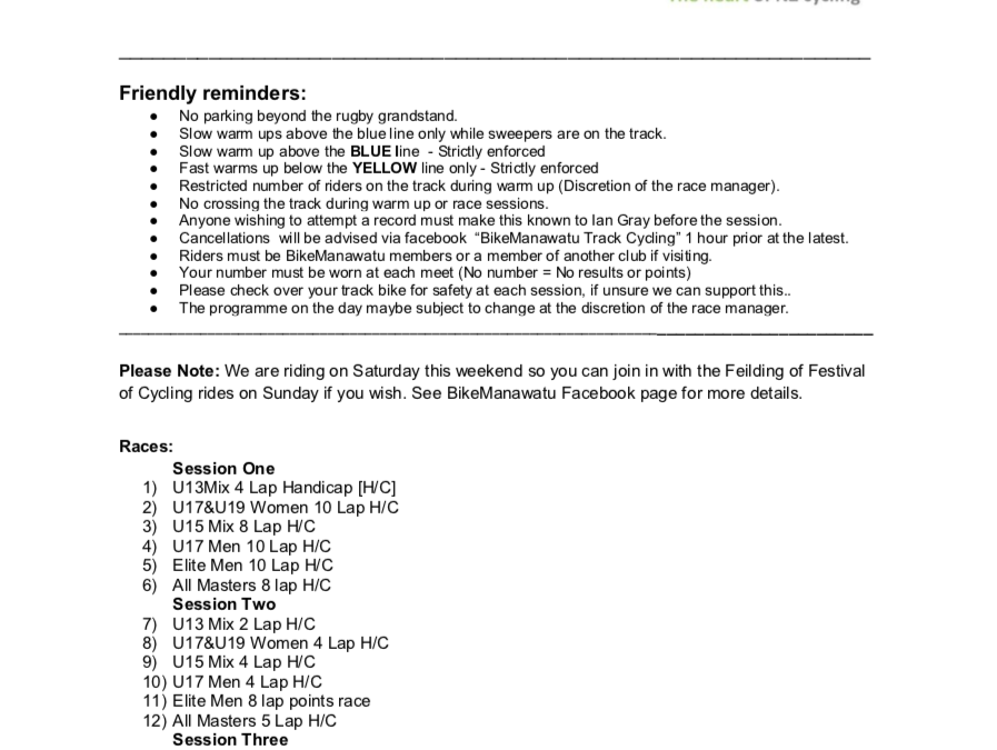 Track Cycling 9 Nov 2019 Programme