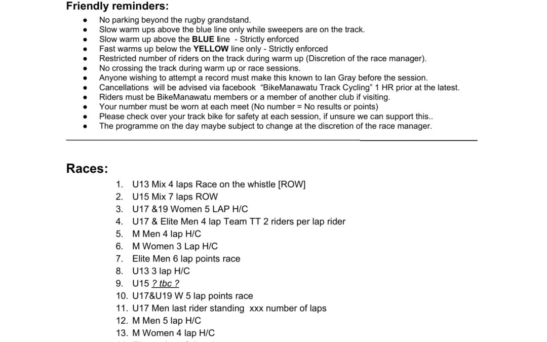 Track Cycling Programme – Sunday 17 November 2019