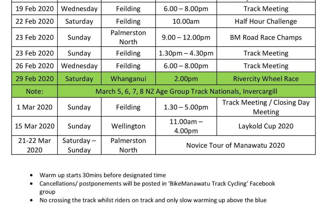 BikeManawatu Track Programme 2020